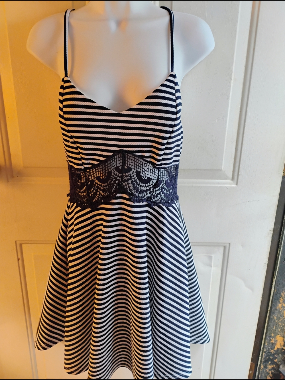 Charlotte Russe Navy & White Striped Sundress with Lace Trim